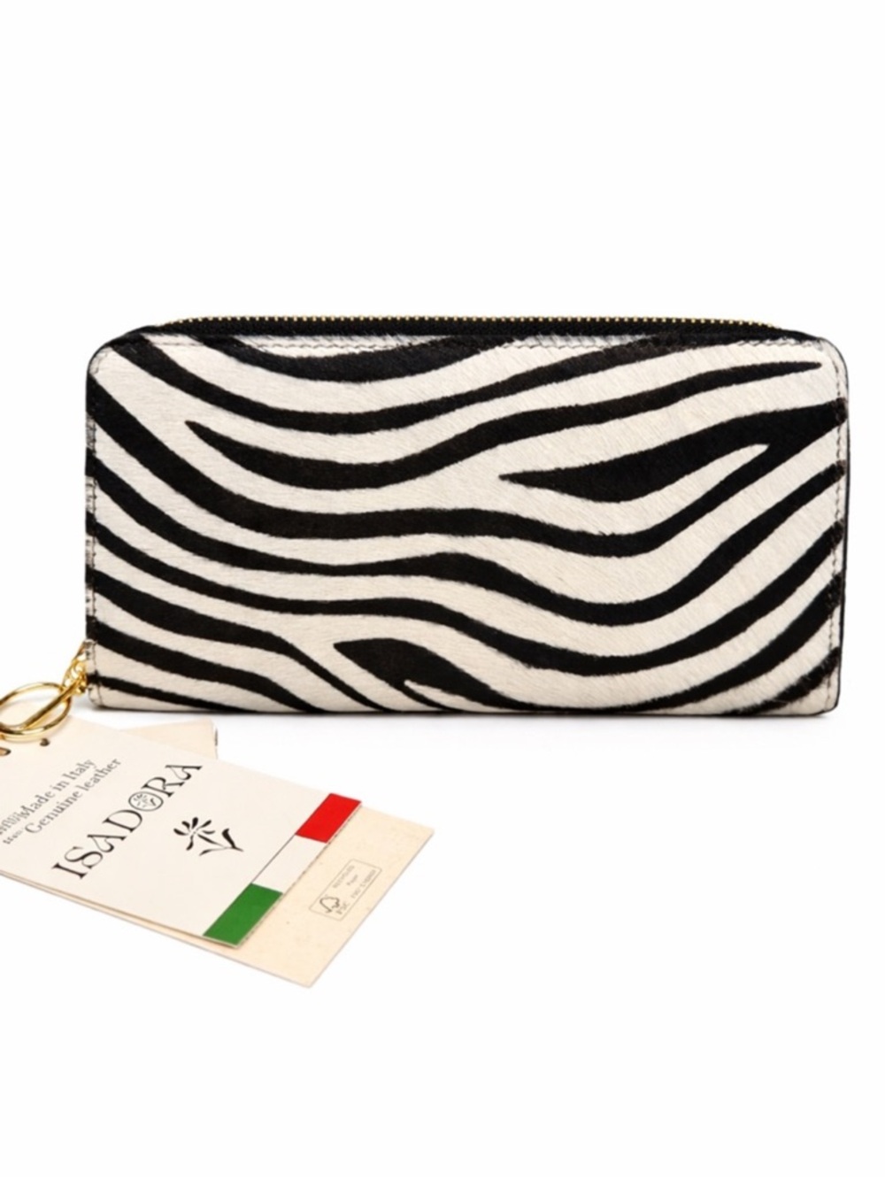 Isadora Zebra Print Calf Hair Leather Wallet Black White NWT